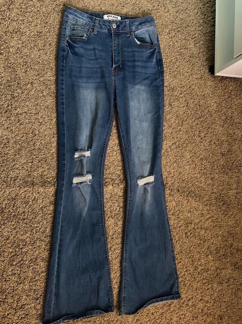 Wax Jean Dark Blue Flare Jeans with Knee Rips